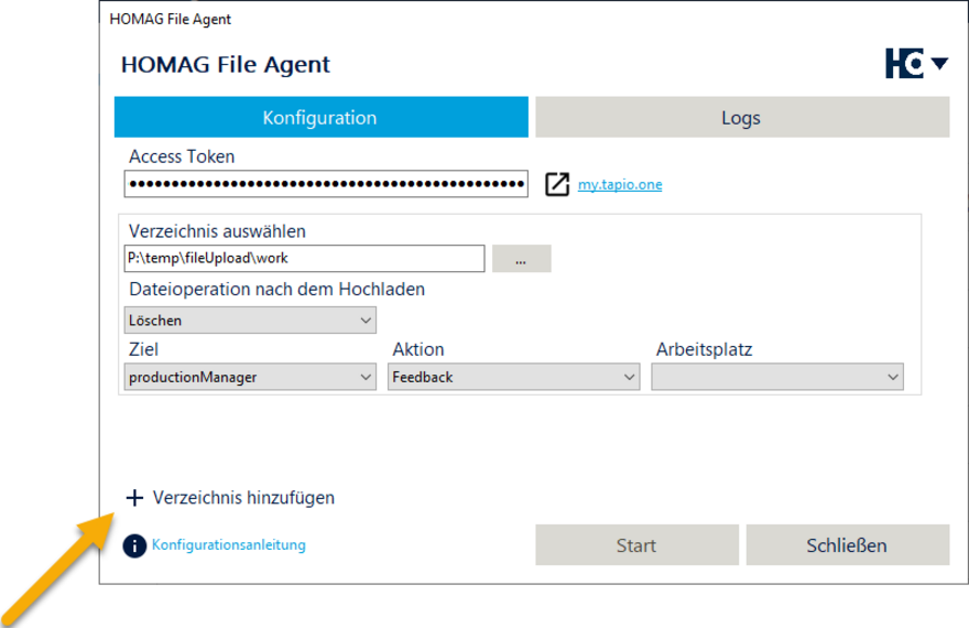 By clicking on "Add directory", you can configure any number of additional machines for the HOMAG File Agent.