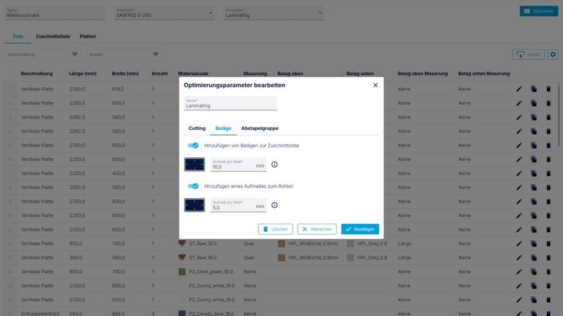 Aktivierung der Laminatberechnung in den Optimierungsparametern. Aktivierung der Laminatberechnung in den Optimierungsparametern.