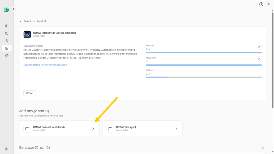 Im Bereich Add-ons wird die HOMAG Connect Schnittstelle als Kachel dargestellt, wenn diese lizenziert wurde. Im Bereich Add-ons wird die HOMAG Connect Schnittstelle als Kachel dargestellt, wenn diese lizenziert wurde.