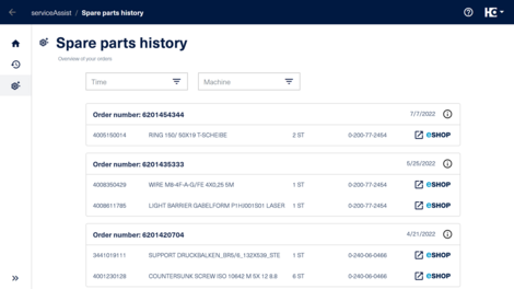 With the spare parts history you have an overview of all completed orders.