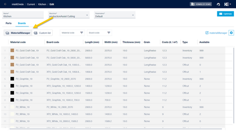 In "materialManager" mode, all boards and offcuts that are available for optimizing the parts in materialManager are displayed. Optimization is always carried out on the base of the current inventory.