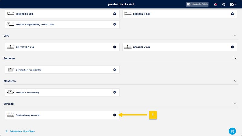 Öffnen Sie die Konfiguration des Rückmeldearbeitsplatzes (1).