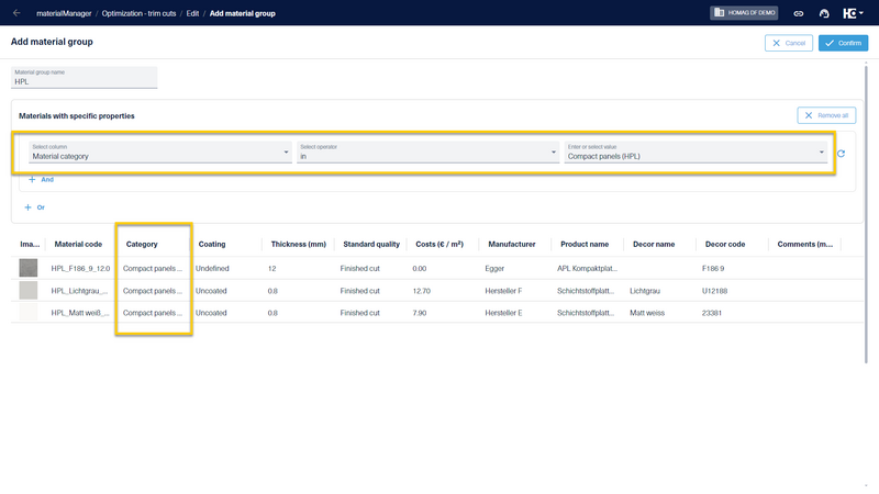 Material groups can be created based on material properties. 