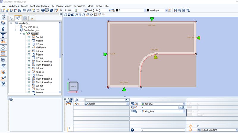 Alle Arbeitsschritte zum Kantenanleimen werden nach der Definition der Konturen und Ecken automatisch erzeugt. 