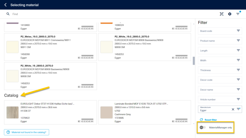 Use the “materialManager only” slider to individually define whether the catalog data is displayed in materialAssist... 