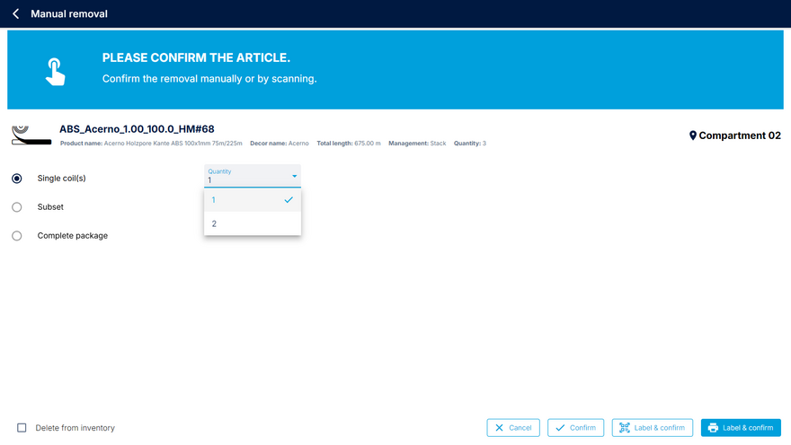 Dialog to remove stacks or goods in stock