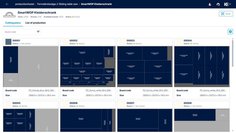 Clear presentation of cutting plans with additional information such as board code, panel size, and status.