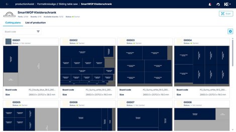 Clear presentation of cutting plans with additional information such as board code, panel size, and status.