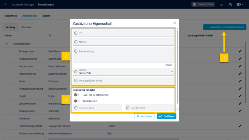 Zusätzlich haben Sie nun auch die Möglichkeit, eigene Eigenschaften zu definieren (1). Für jede neue Eigenschaft gibt es eine Reihe verpflichtender Informationen sowie optionale Angaben (2). Zudem besteht die Möglichkeit, ein Regelwerk festzulegen (3).
