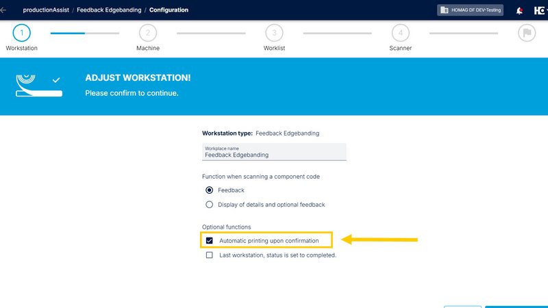 Activation of the option “Automatic printing when feedbacked” in the configuration of a productionAssist feedback workstation.