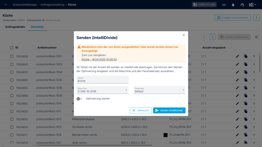 Warnung bei erneutem Senden bereits eingeplanter Teile an intelliDivide