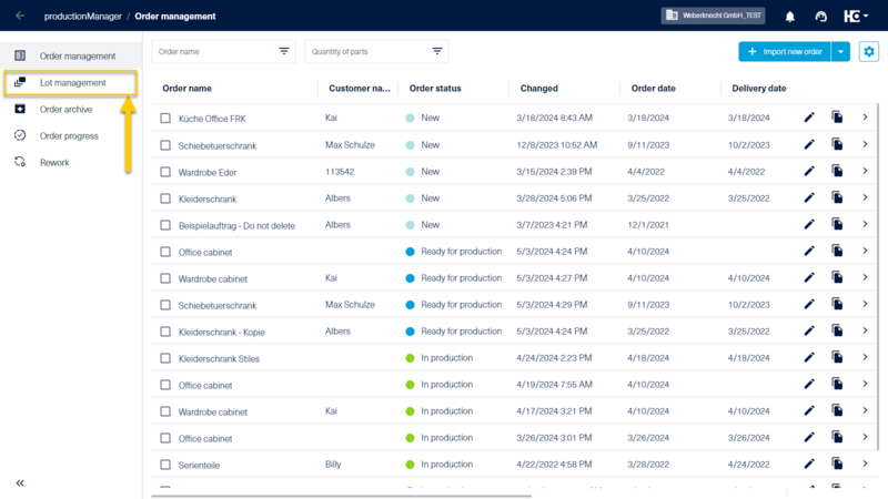 Additional tab Lot management in productionManager