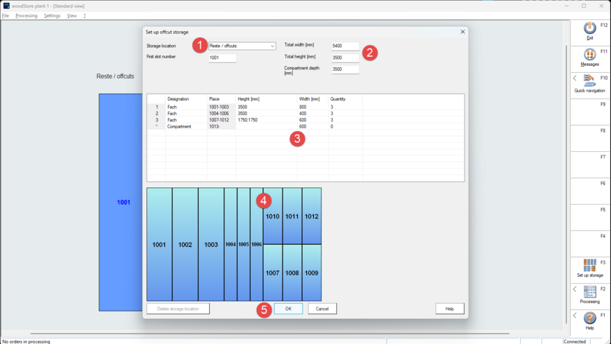 Editing window for setting up the offcuts rack.