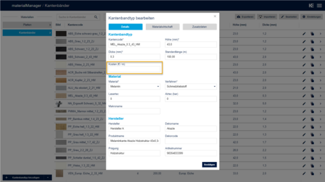 Neues Feld "Kosten" für Kantenbänder