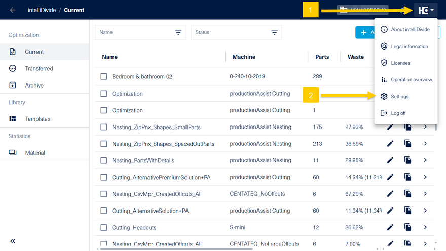 Access to settings in the HOMAG menu