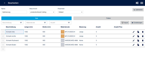 Liste der benötigten Teile und deren Material.