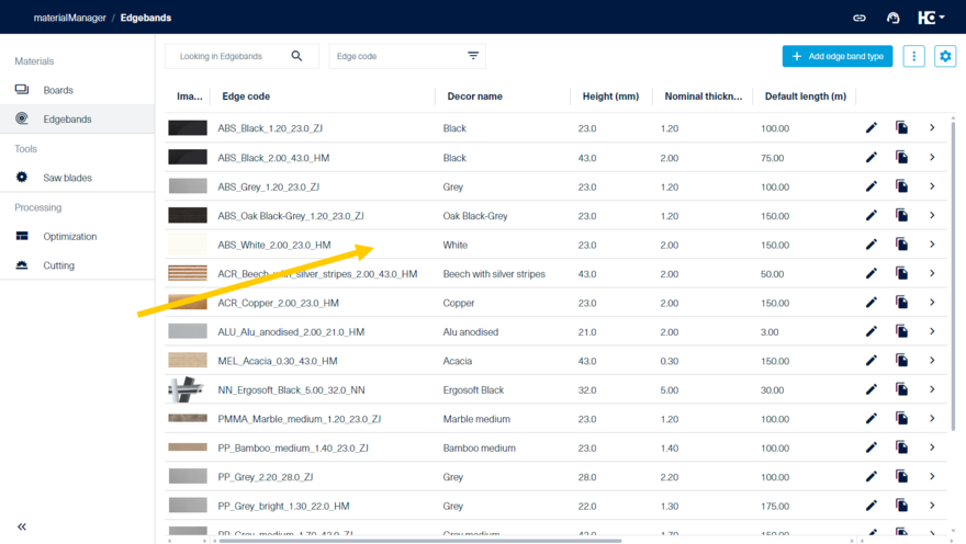 Overview of stored edgeband inventory