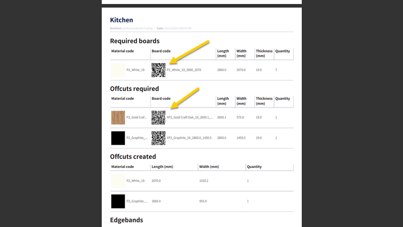 A QR code is provided in the overview for each required board and offcut type.