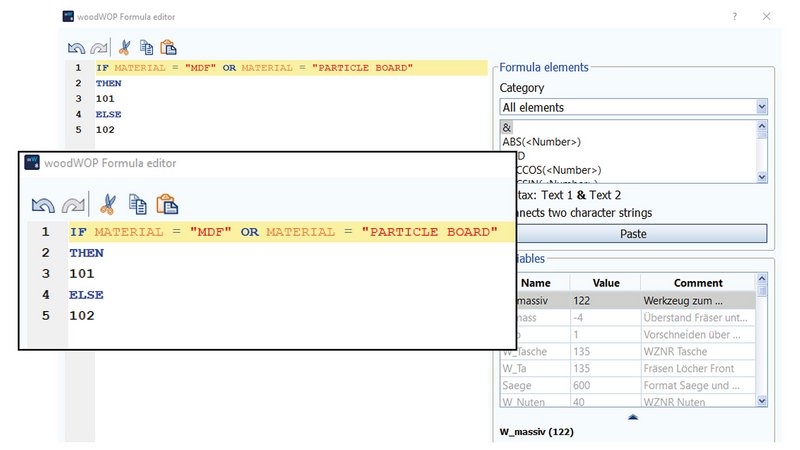 Elements such as mathematical functions, variables and conditions are available for the user for assembling his formulas.