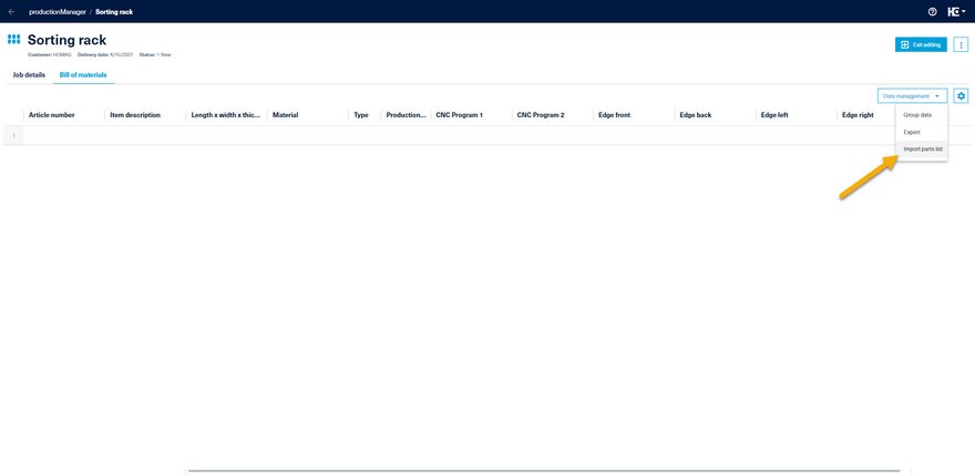 Import of a bill of materials