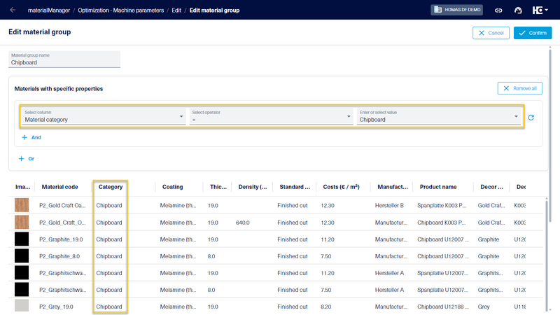 Material groups can be defined on the base of material properties.