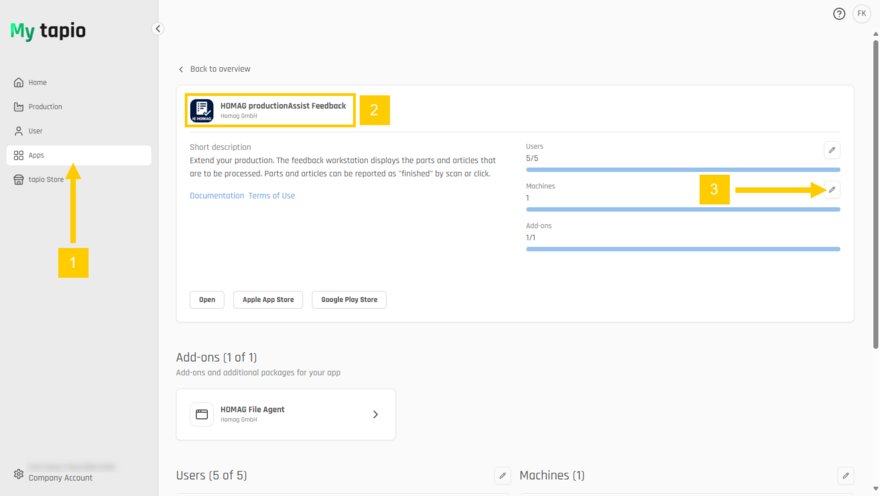Under "Applications", select the tile for HOMAG productionAssist Feedback