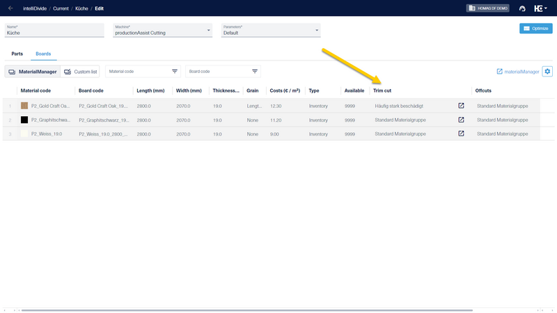 The material group is displayed for each material in the “Trim cut" column in the “Boards” tab.