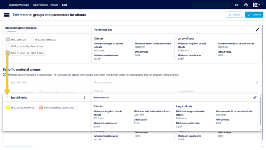 The order of the material groups can be customised using drag & drop.