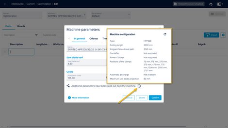 Display of the machine configuration for a tapio connected machine