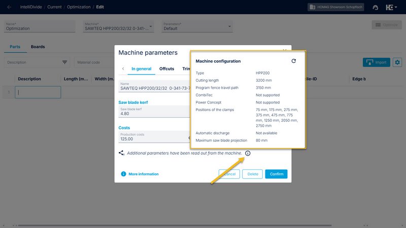 Display of the machine configuration for a tapio connected machine