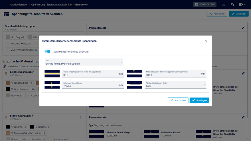 Für jede Materialgruppe kann festgelegt werden, ob und mit welchen Parametern Spannungsfreischnitte verwendet werden sollen.