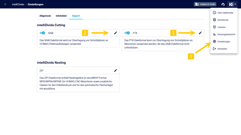 Die Export-Einstellungen SAW- (2) und PTX-Export (3) Dateien können über das HOMAG-Menü (1) aufgerufen werden.
