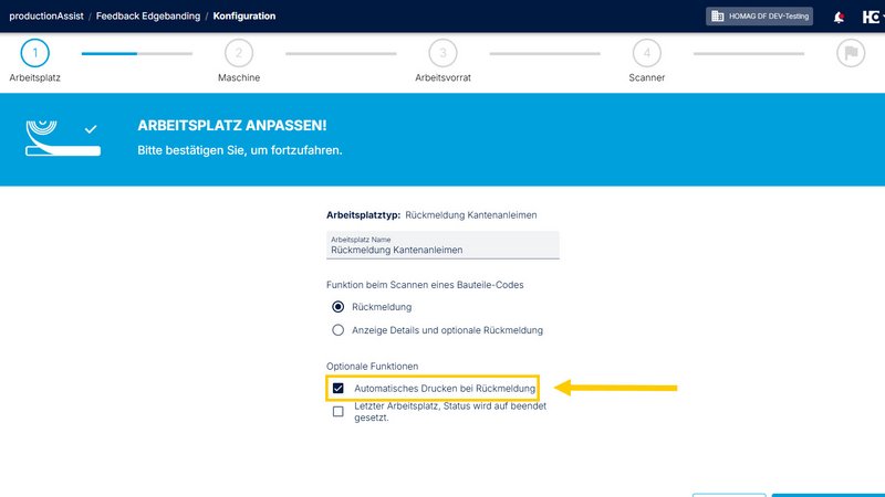 Aktivierung der Option „Automatisches Drucken bei Rückmeldung“ in der Konfiguration eines productionAssist Feedback‑Arbeitsplatzes.