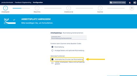 Aktivierung der Option „Automatisches Drucken bei Rückmeldung“ in der Konfiguration eines productionAssist Feedback‑Arbeitsplatzes.