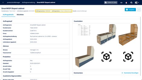 Auftragsdetailansicht im productionManager mit dem neuen Status „Neu (in Berechnung)“ und der automatisch generierten Auftragsnummer.