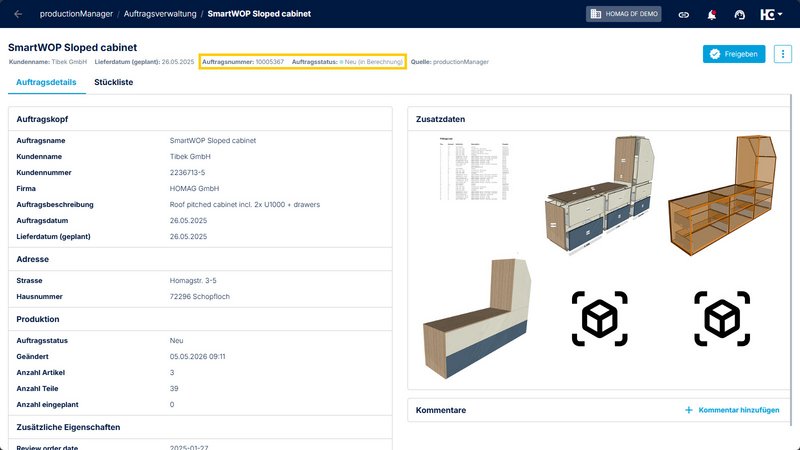 Auftragsdetailansicht im productionManager mit dem neuen Status „Neu (in Berechnung)“ und der automatisch generierten Auftragsnummer.