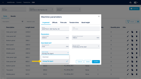 In the machine parameters settings in intelliDivide, you select HOMAG File Agent as the data transfer type.