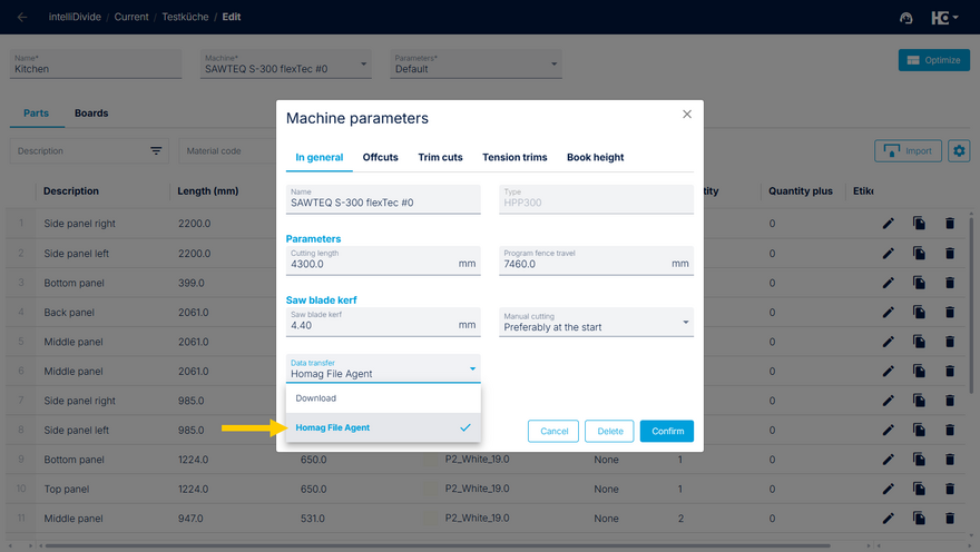 Select HOMAG File Agent as the data transfer type
