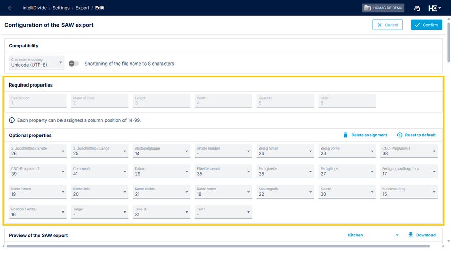 Configuration of SAW export for intelliDivide Cutting