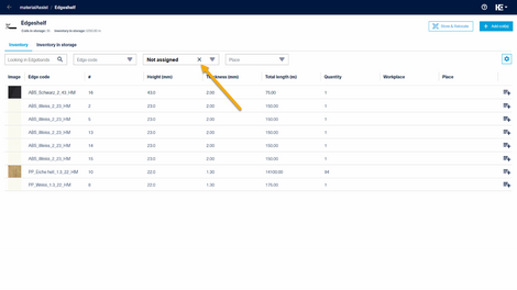 With filter option "not assigned" you can filter for not stored edgeband coils.