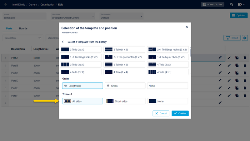 There are various options for trim cuts when selecting the template.