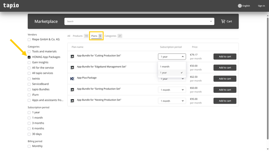 Selecting the corresponding app package in the tapio store