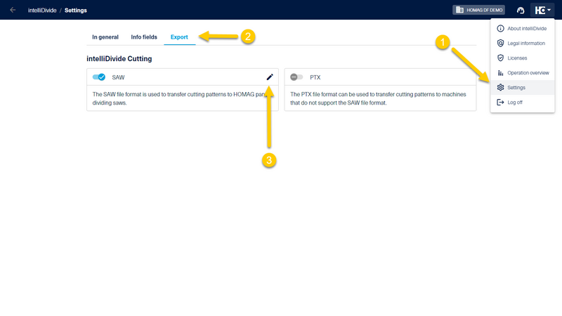 In the export settings in the HOMAG menu, you can navigate to the detailed settings of the SAW format.