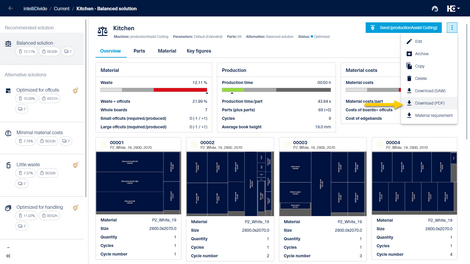 The overview of required boards and offcuts is available for download in the extension menu.