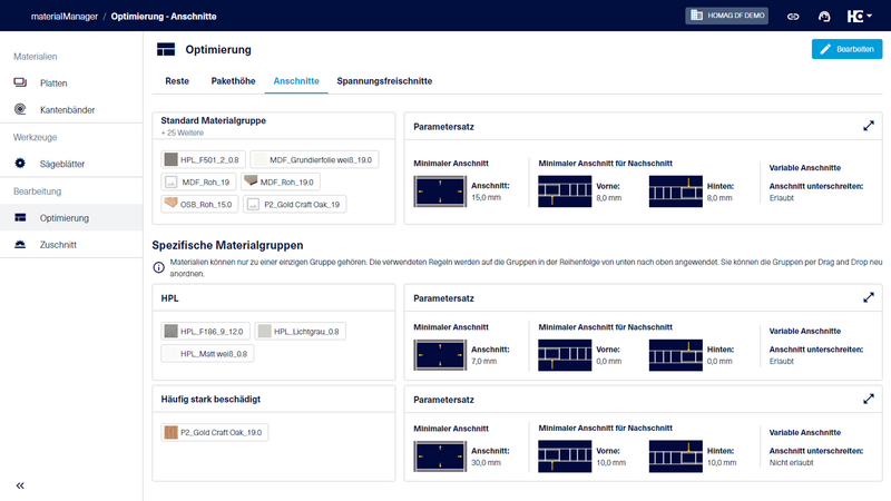 Im materialManager haben Sie im Bereich "Optimierung" die Möglichkeit, Materialgruppen für Optimierungsparameter für Anschnitte anzulegen und entsprechende Parameter vorzugeben.