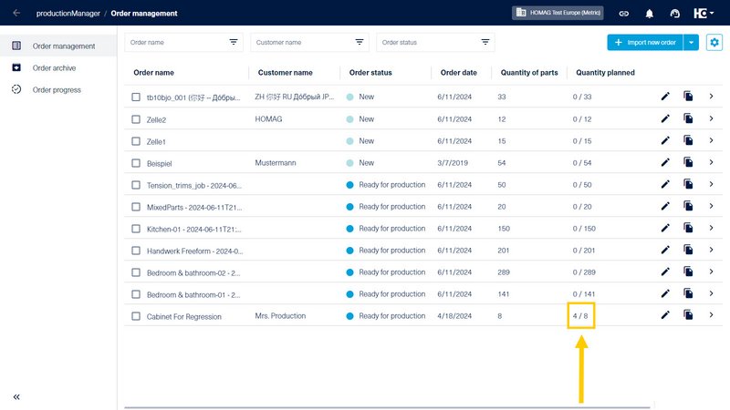 Planning status at order level in the order management