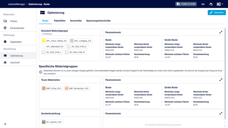 Im materialManager haben Sie im Bereich "Optimierung" die Möglichkeit, Materialgruppen für Optimierungsparameter für Reste anzulegen und entsprechende Parameter vorzugeben.