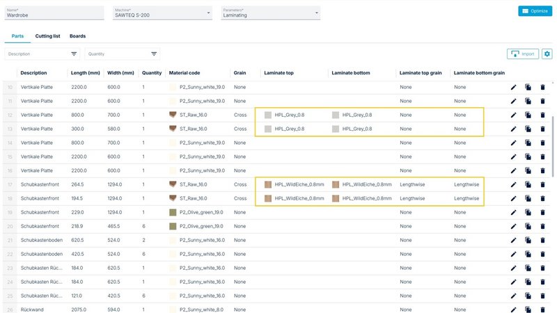 Specification of the material for the top and bottom laminates in the parts list. Specification of the material for the top and bottom laminates in the parts list.
