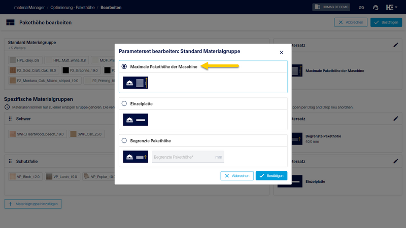 Bei Standardmaterialien kann die maximal zulässige Pakethöhe der Maschine voll ausgenutzt werden.