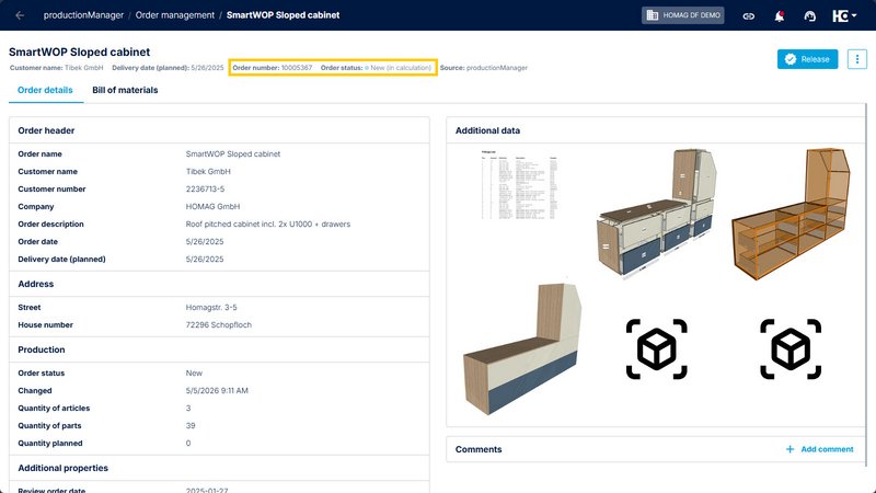 Order detail view in productionManager with the new status “New (in calculation)” and the automatically generated order number.